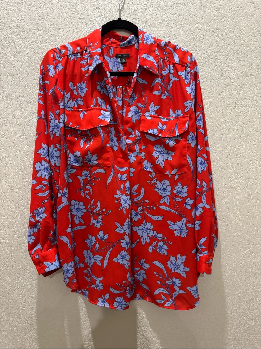 Ann Taylor Red Button-Down Blouse with Blue Floral Print